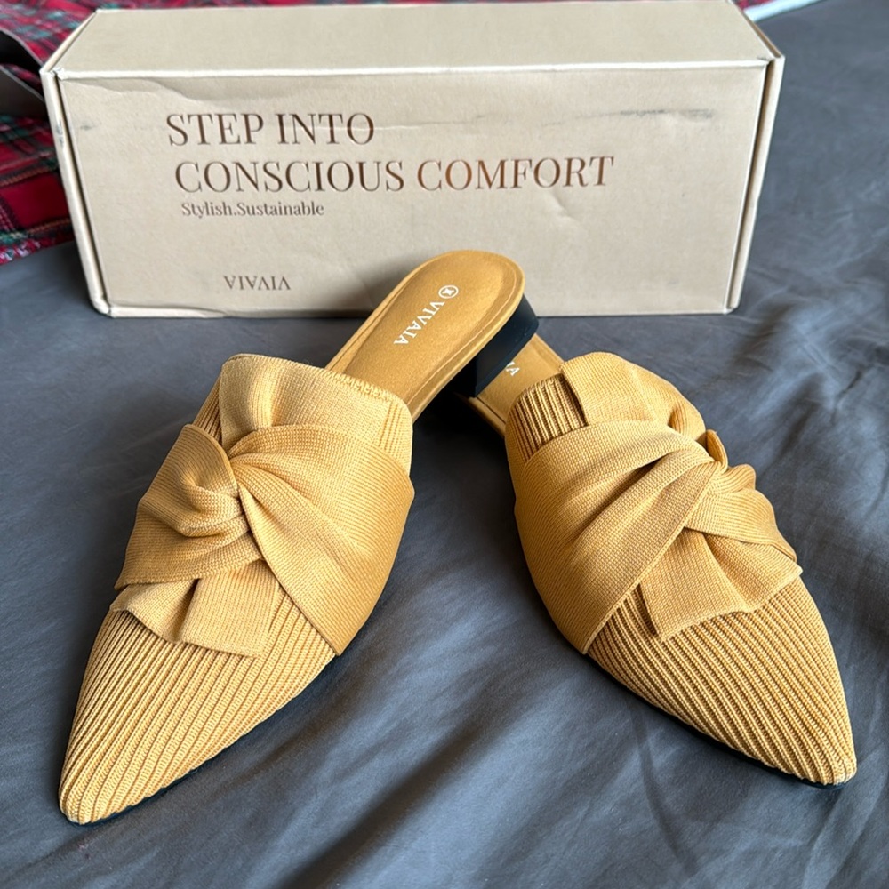 Vivaia Pointed Toe Knot Sandals (Yaffa), mustard yellow size 42